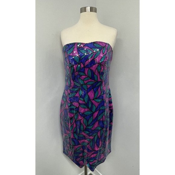 Morton Myles Dresses & Skirts - Vintage 80s Morton Myles Womens Silk Sequin Strapless Dress Size 10 Pink Purple